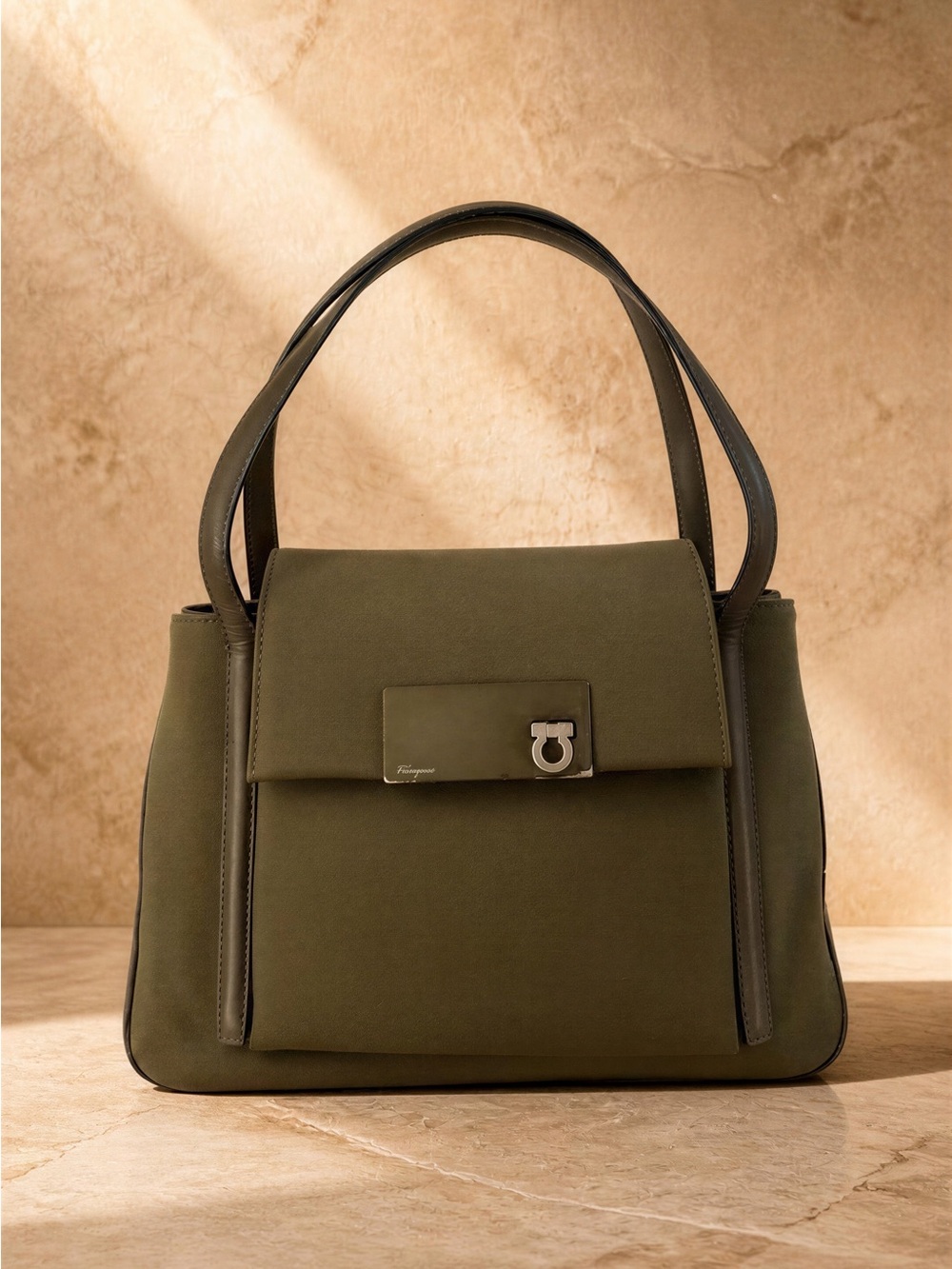 Salvatore Ferragamo Olive Green Structured Top-Handle Women's Bag